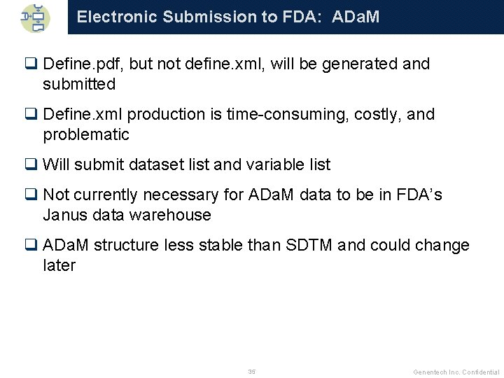 Electronic Submission to FDA: ADa. M q Define. pdf, but not define. xml, will
