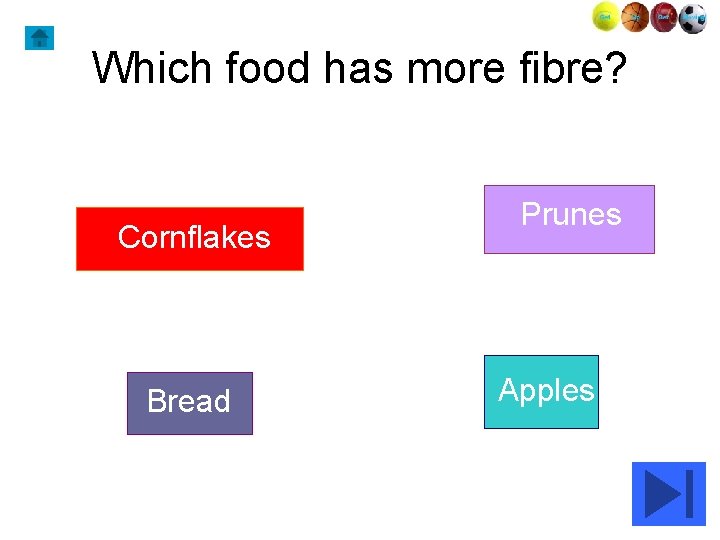 Which food has more fibre? Cornflakes Bread Prunes Apples 