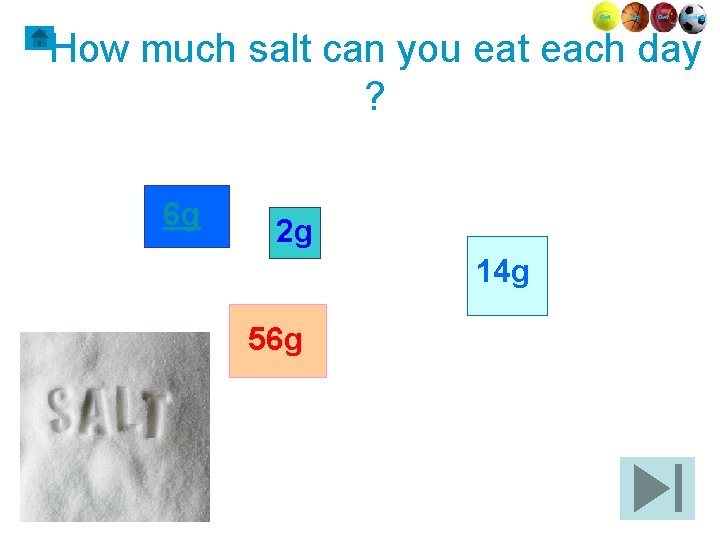 How much salt can you eat each day ? 6 g 2 g 14