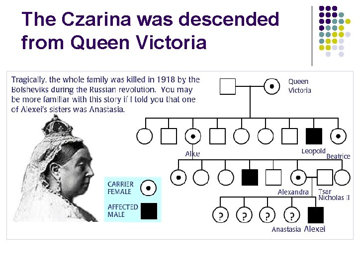 The Czarina was descended from Queen Victoria The Czarina was descended from Queen Victoria