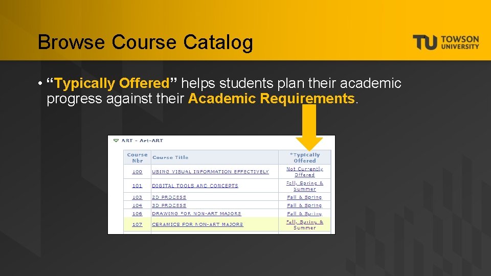 Browse Course Catalog • “Typically Offered” helps students plan their academic progress against their