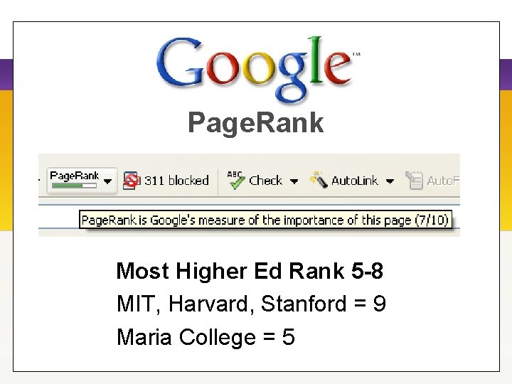 Page. Rank Most Higher Ed Rank 5 -8 MIT, Harvard, Stanford = 9 Maria