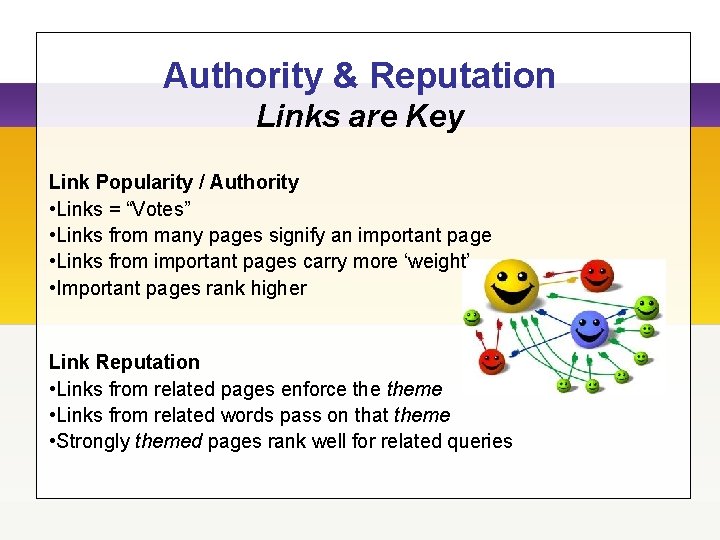 Authority & Reputation Links are Key Link Popularity / Authority • Links = “Votes”