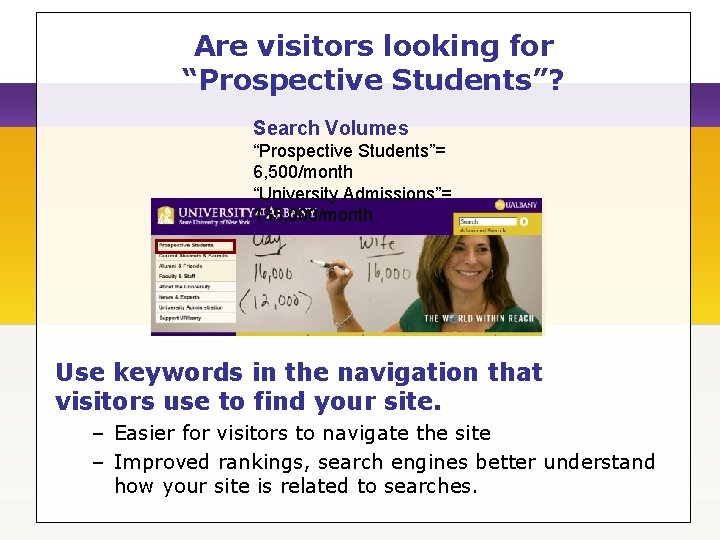 Are visitors looking for “Prospective Students”? Search Volumes “Prospective Students”= 6, 500/month “University Admissions”=