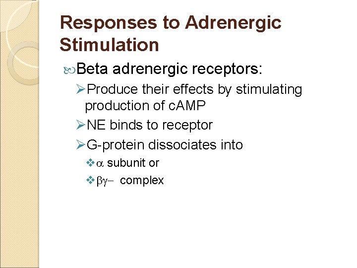 Responses to Adrenergic Stimulation Beta adrenergic receptors: ØProduce their effects by stimulating production of