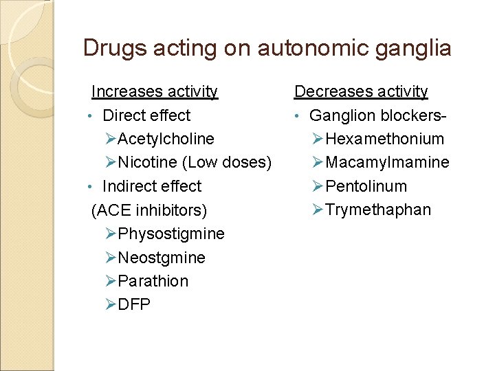 Drugs acting on autonomic ganglia Increases activity • Direct effect ØAcetylcholine ØNicotine (Low doses)