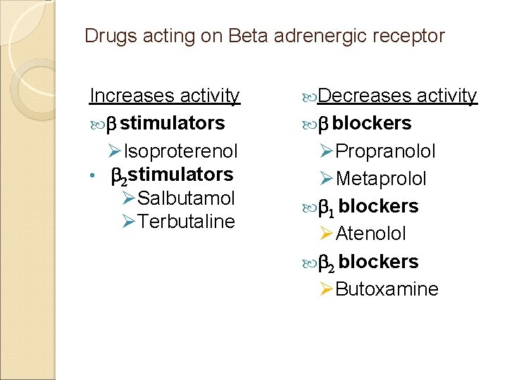 Drugs acting on Beta adrenergic receptor Increases activity b stimulators ØIsoproterenol • b 2