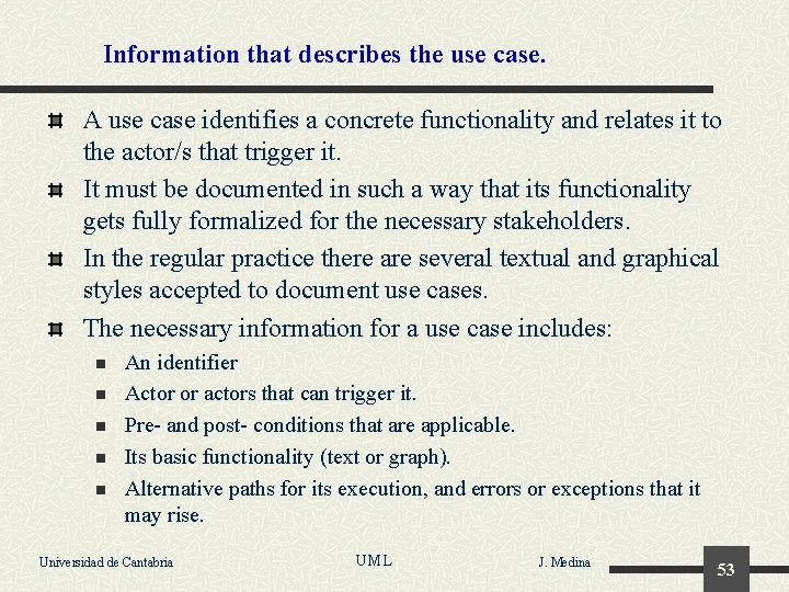 Information that describes the use case. A use case identifies a concrete functionality and