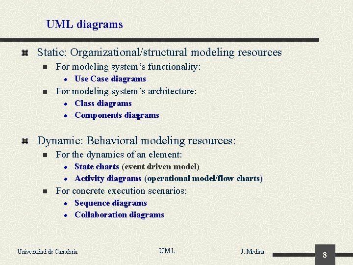 UML diagrams Static: Organizational/structural modeling resources n For modeling system’s functionality: l n Use