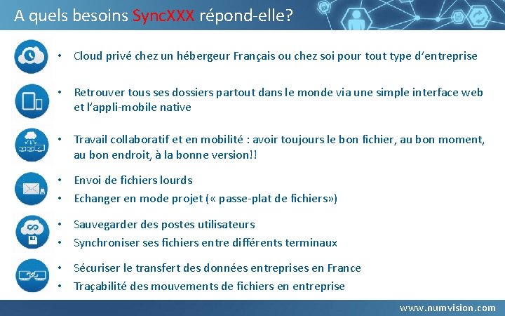 A quels besoins Sync. XXX répond-elle? • Cloud privé chez un hébergeur Français ou A quels besoins Sync. XXX répond-elle? • Cloud privé chez un hébergeur Français ou