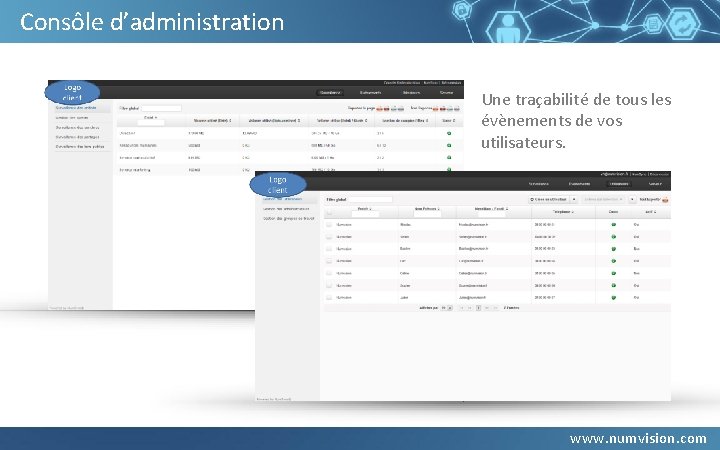 Consôle d’administration Une traçabilité de tous les évènements de vos utilisateurs. www. numvision. com Consôle d’administration Une traçabilité de tous les évènements de vos utilisateurs. www. numvision. com