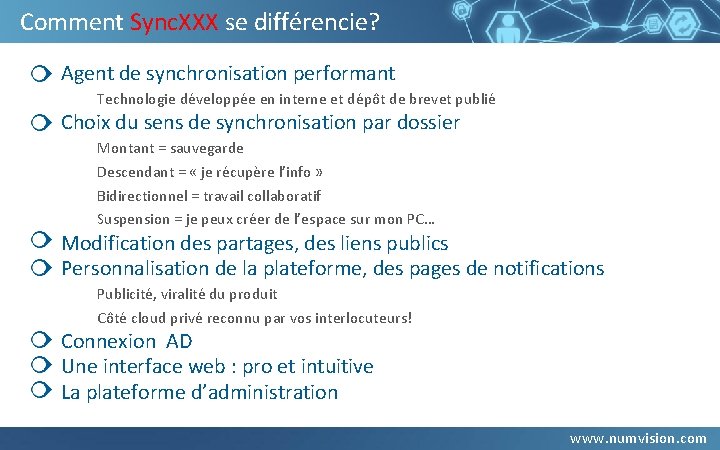 Comment Sync. XXX se différencie? Agent de synchronisation performant Technologie développée en interne et Comment Sync. XXX se différencie? Agent de synchronisation performant Technologie développée en interne et