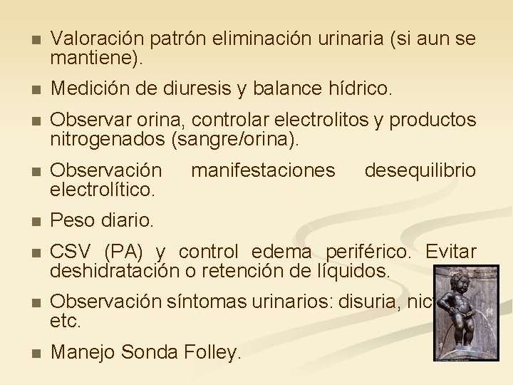 n Valoración patrón eliminación urinaria (si aun se mantiene). n Medición de diuresis y