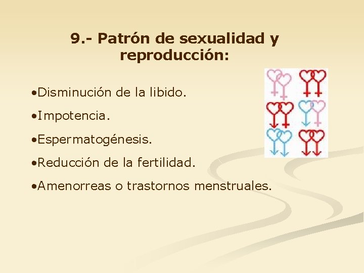 9. - Patrón de sexualidad y reproducción: • Disminución de la libido. • Impotencia.