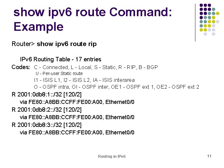 show ipv 6 route Command: Example Router> show ipv 6 route rip IPv 6