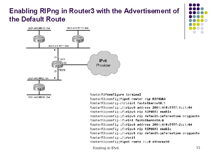 Enabling RIPng in Router 3 with the Advertisement of the Default Route Routing in