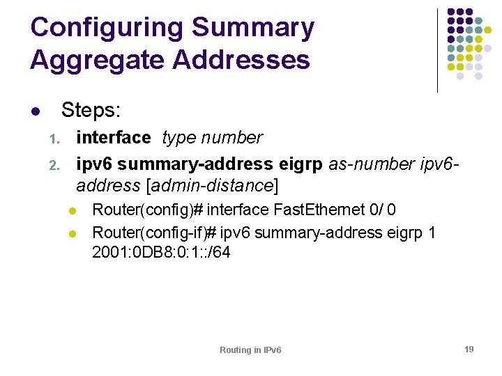Configuring Summary Aggregate Addresses Steps: l 1. 2. interface type number ipv 6 summary-address
