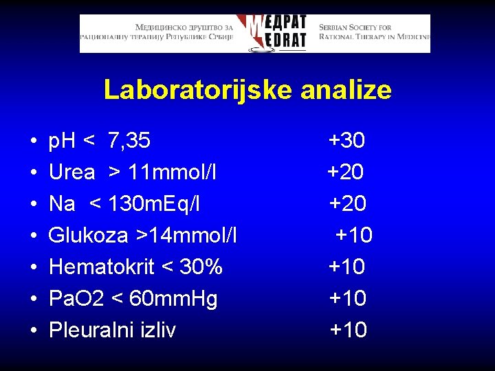 Laboratorijske analize • • p. H < 7, 35 +30 Urea > 11 mmol/l