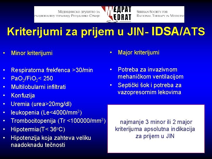Kriterijumi za prijem u JIN- IDSA/ATS • Minor kriterijumi • • • Major kriterijumi