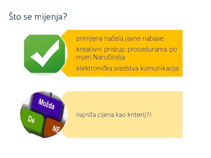 Što se mijenja? primjena načela javne nabave kreativni pristup procedurama po mjeri Naručitelja elektronička