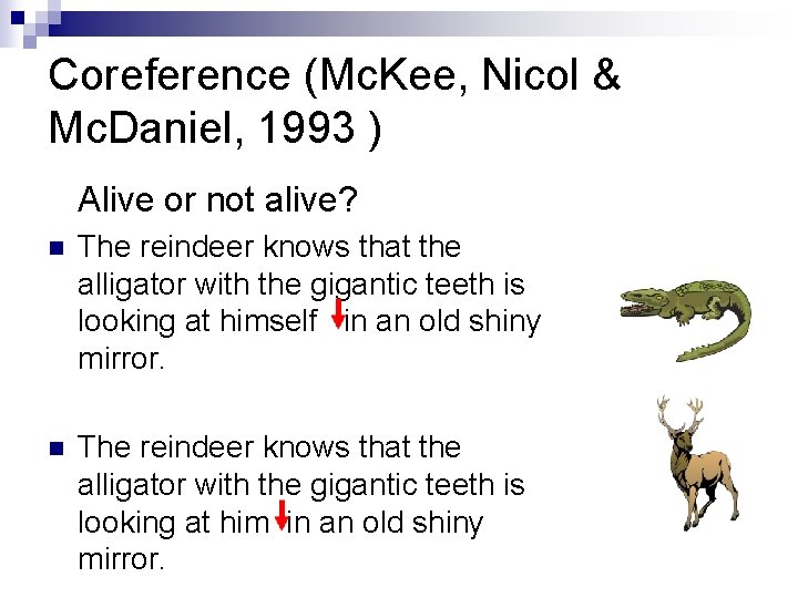 Coreference (Mc. Kee, Nicol & Mc. Daniel, 1993 ) Alive or not alive? n