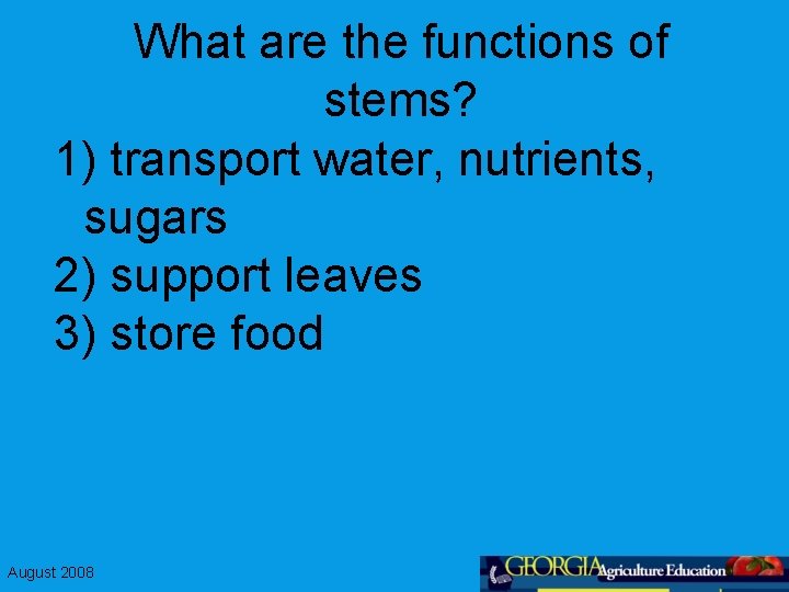 What are the functions of stems? 1) transport water, nutrients, sugars 2) support leaves