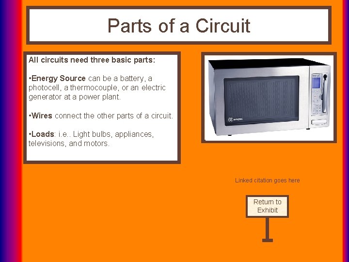 Parts of a Circuit All circuits need three basic parts: • Energy Source can