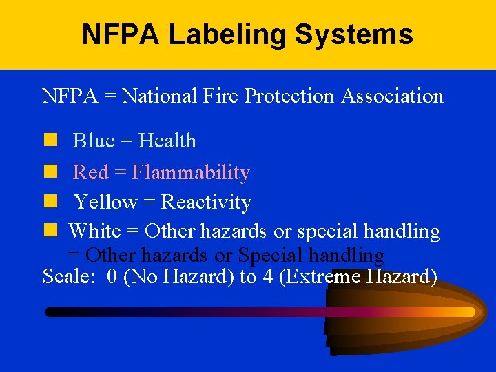 NFPA Labeling Systems NFPA = National Fire Protection Association n n Blue = Health