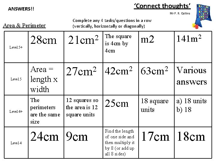 ‘Connect thoughts’ ANSWERS!! Area & Perimeter Mr P. R. Collins Complete any 4 tasks/questions ‘Connect thoughts’ ANSWERS!! Area & Perimeter Mr P. R. Collins Complete any 4 tasks/questions