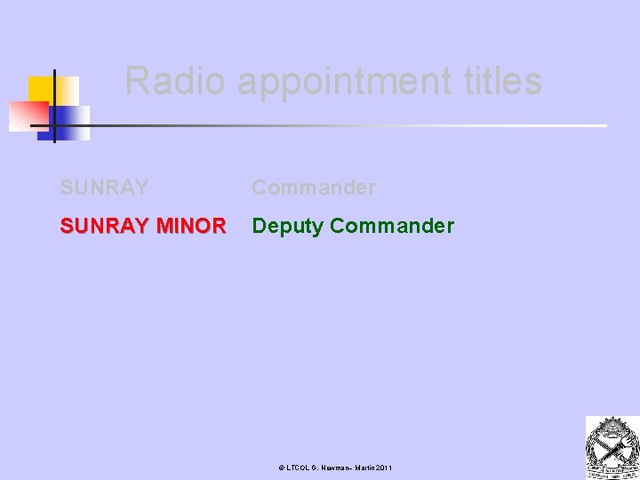 Radio appointment titles SUNRAY Commander SUNRAY MINOR Deputy Commander © LTCOL G. Newman– Martin