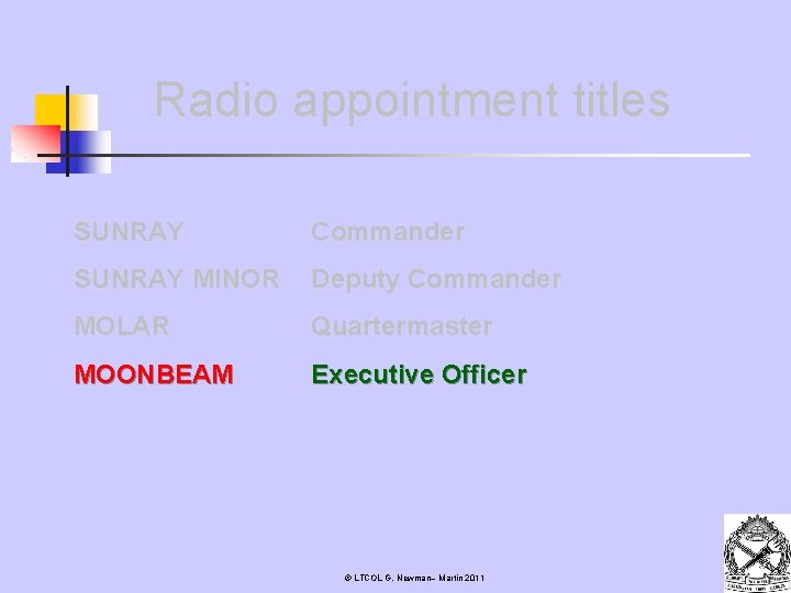 Radio appointment titles SUNRAY Commander SUNRAY MINOR Deputy Commander MOLAR Quartermaster MOONBEAM Executive Officer