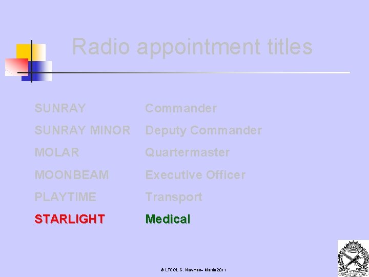 Radio appointment titles SUNRAY Commander SUNRAY MINOR Deputy Commander MOLAR Quartermaster MOONBEAM Executive Officer