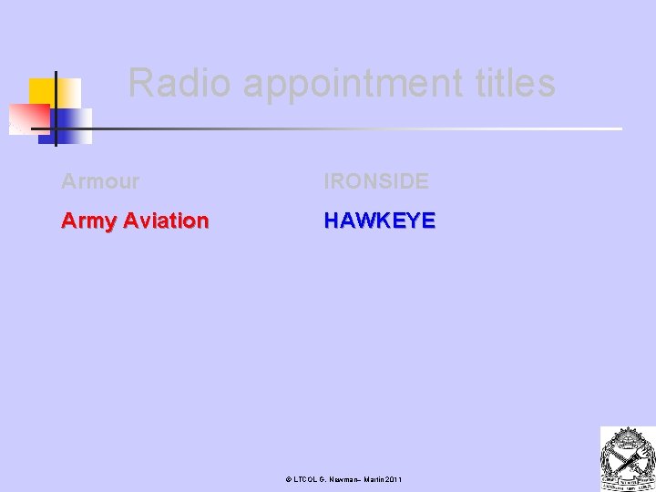 Radio appointment titles Armour IRONSIDE Army Aviation HAWKEYE © LTCOL G. Newman– Martin 2011