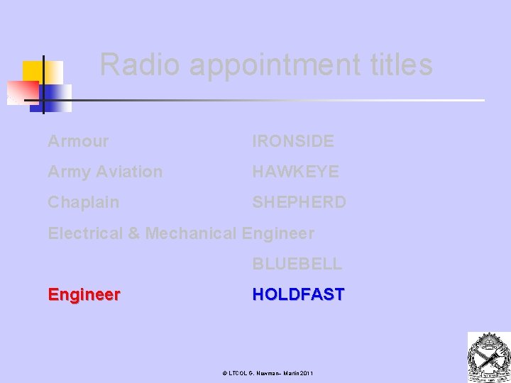 Radio appointment titles Armour IRONSIDE Army Aviation HAWKEYE Chaplain SHEPHERD Electrical & Mechanical Engineer