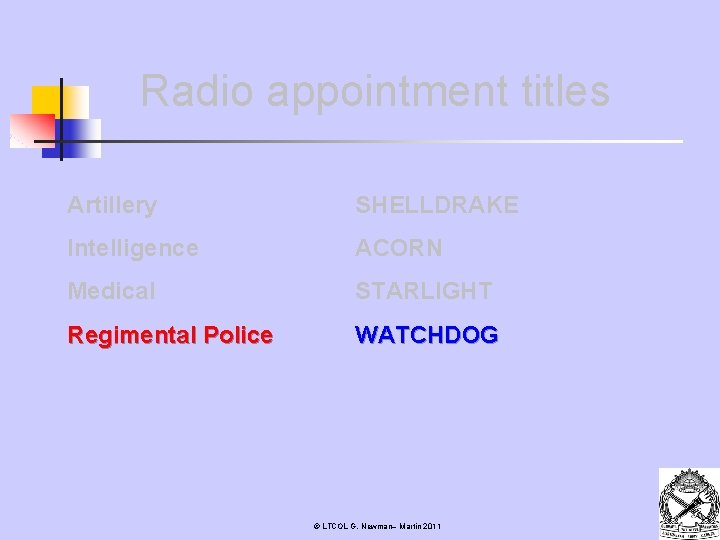 Radio appointment titles Artillery SHELLDRAKE Intelligence ACORN Medical STARLIGHT Regimental Police WATCHDOG © LTCOL