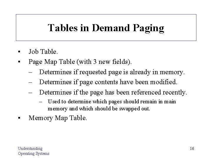 Tables in Demand Paging • • Job Table. Page Map Table (with 3 new