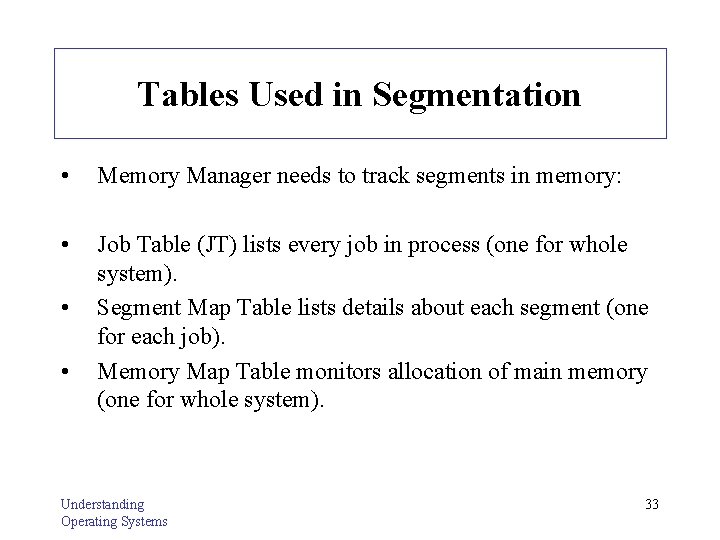 Tables Used in Segmentation • Memory Manager needs to track segments in memory: •