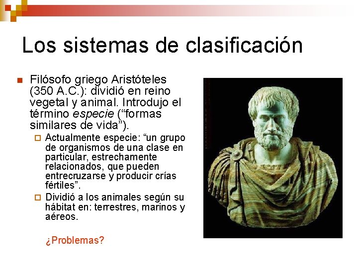 Los sistemas de clasificación n Filósofo griego Aristóteles (350 A. C. ): dividió en