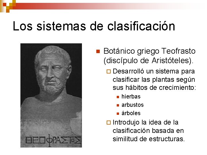 Los sistemas de clasificación n Botánico griego Teofrasto (discípulo de Aristóteles). ¨ Desarrolló un