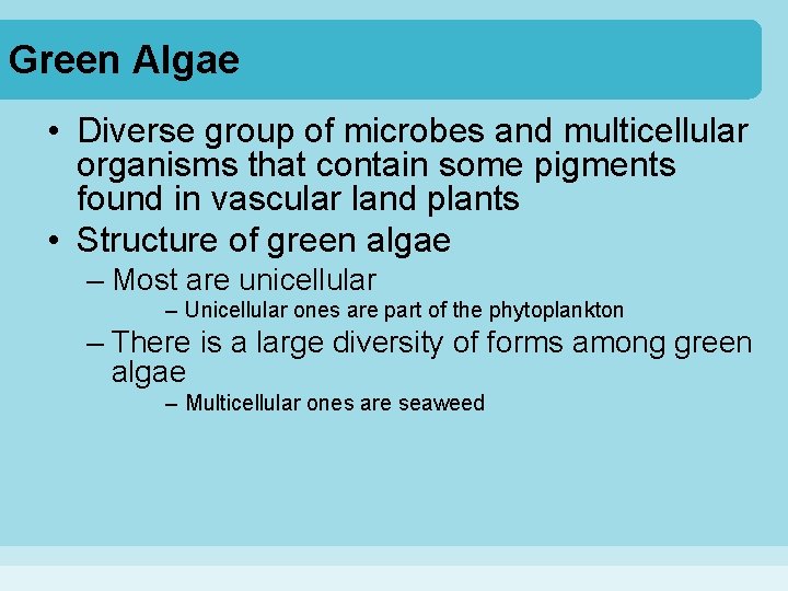 Green Algae • Diverse group of microbes and multicellular organisms that contain some pigments