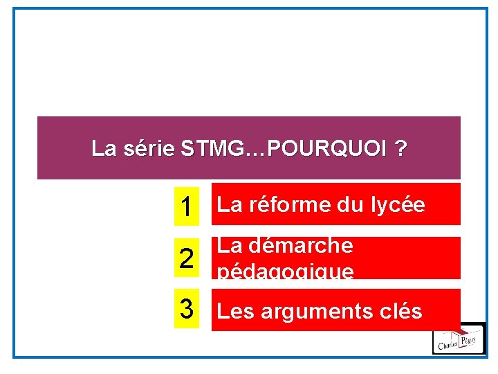 La série STMG…POURQUOI ? 1 La réforme du lycée 2 La démarche pédagogique 3