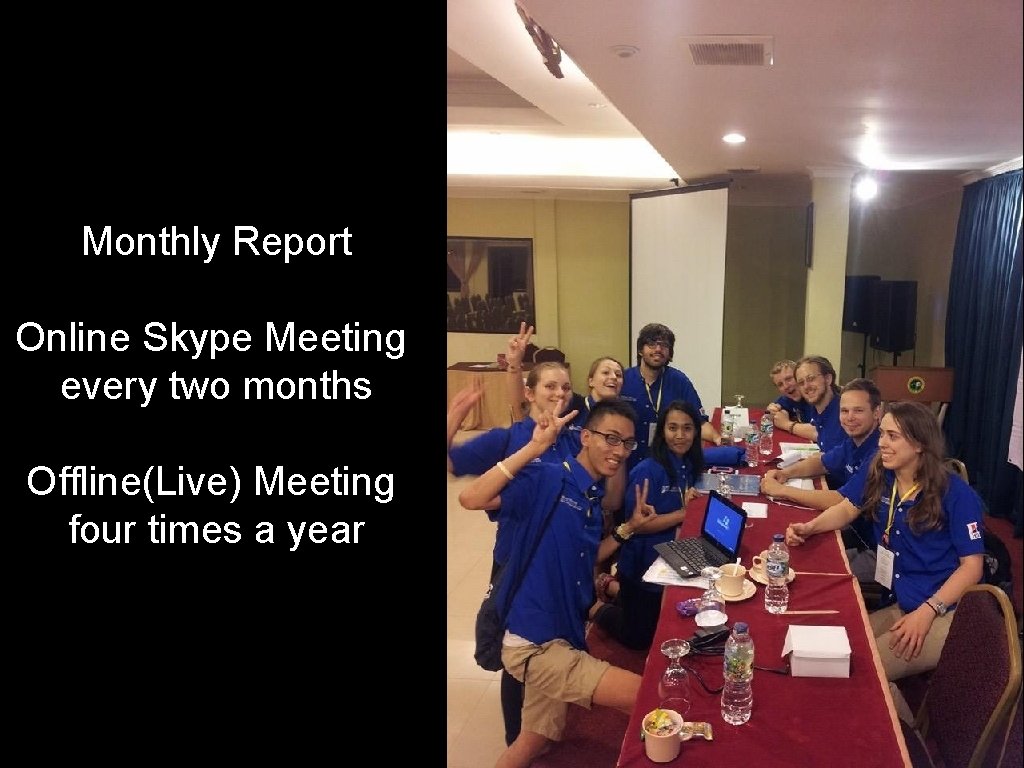 Monthly Report Online Skype Meeting every two months Offline(Live) Meeting four times a year