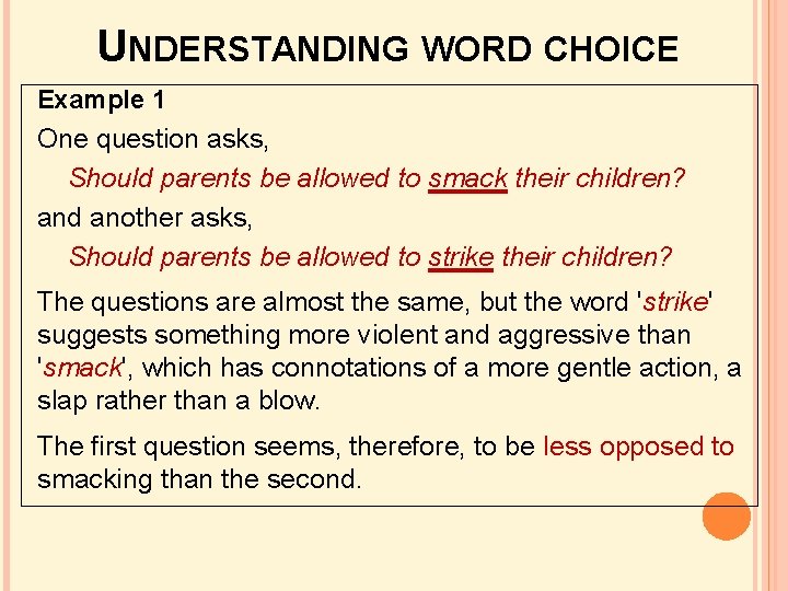 UNDERSTANDING WORD CHOICE Example 1 One question asks, Should parents be allowed to smack UNDERSTANDING WORD CHOICE Example 1 One question asks, Should parents be allowed to smack