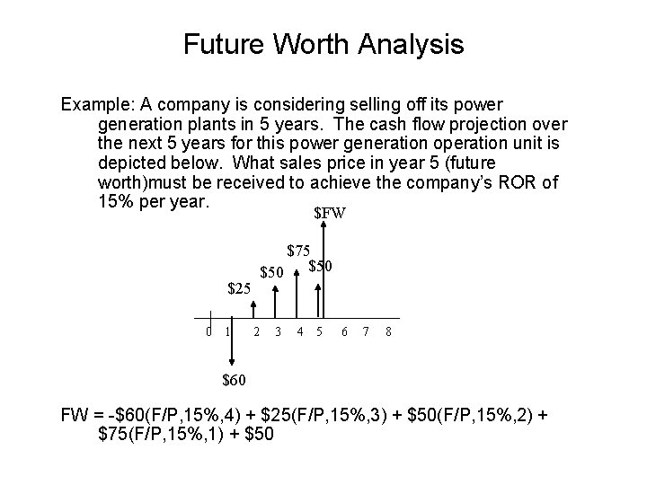 Future Worth Analysis Example: A company is considering selling off its power generation plants
