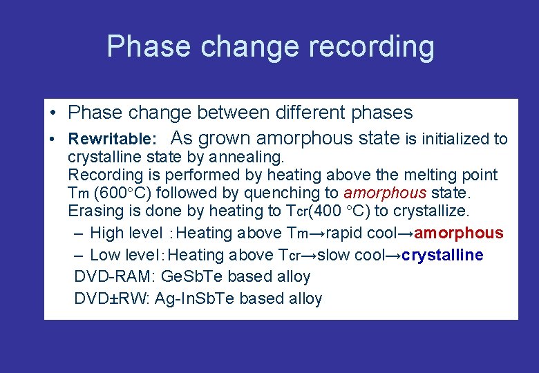 Phase change recording • Phase change between different phases • Rewritable: 　As grown amorphous