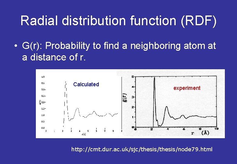 Radial distribution function (RDF) • G(r): Probability to find a neighboring atom at a