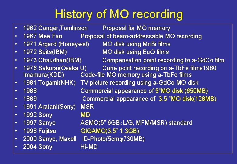 History of MO recording • • • • 1962 Conger, Tomlinson Proposal for MO