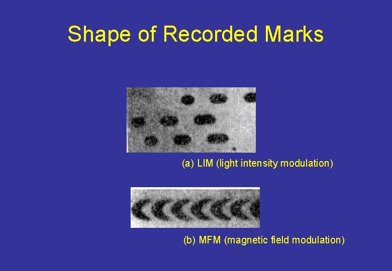 Shape of Recorded Marks (a) LIM (light intensity modulation) (b) MFM (magnetic field modulation)