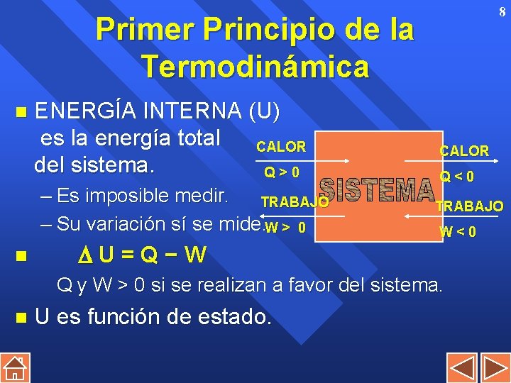 8 Primer Principio de la Termodinámica n ENERGÍA INTERNA (U) es la energía total