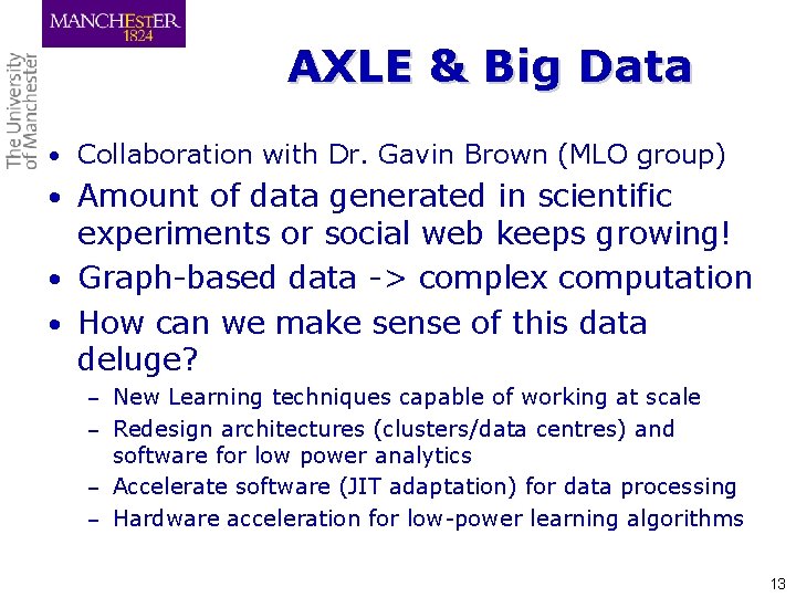 AXLE & Big Data • Collaboration with Dr. Gavin Brown (MLO group) • Amount